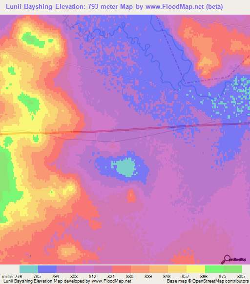 Lunii Bayshing,Mongolia Elevation Map