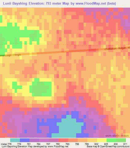 Lunii Bayshing,Mongolia Elevation Map
