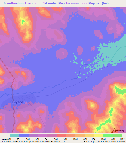 Javarthushuu,Mongolia Elevation Map