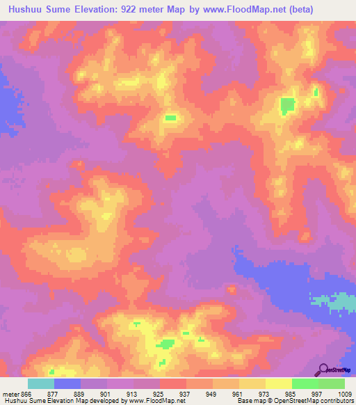 Hushuu Sume,Mongolia Elevation Map