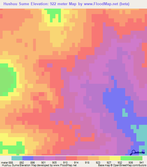 Hushuu Sume,Mongolia Elevation Map