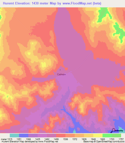 Huremt,Mongolia Elevation Map