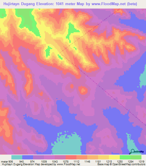 Hujirtayn Dugang,Mongolia Elevation Map
