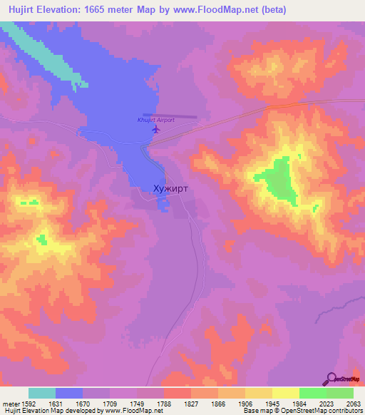 Hujirt,Mongolia Elevation Map