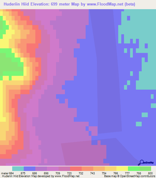 Huderiin Hiid,Mongolia Elevation Map