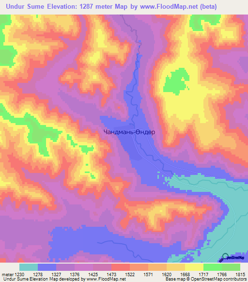 Undur Sume,Mongolia Elevation Map