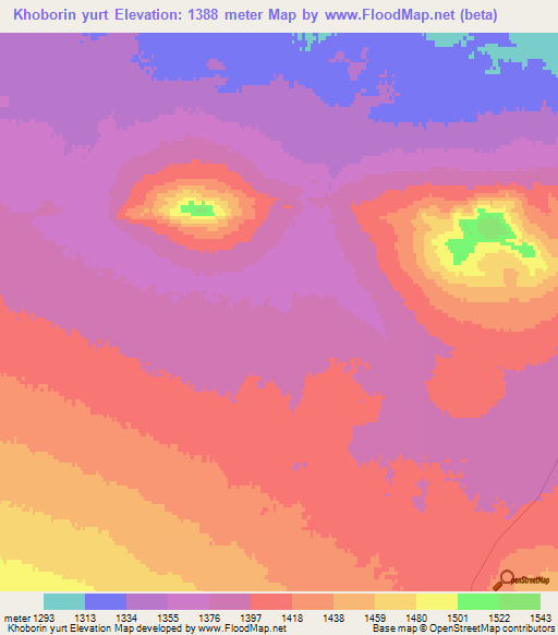Khoborin yurt,Mongolia Elevation Map
