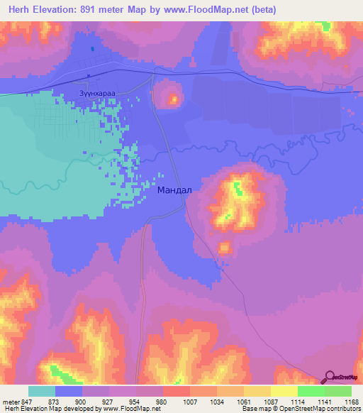 Herh,Mongolia Elevation Map