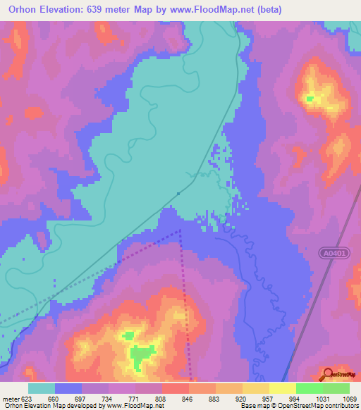 Orhon,Mongolia Elevation Map