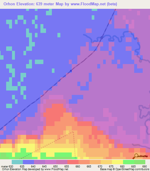 Orhon,Mongolia Elevation Map