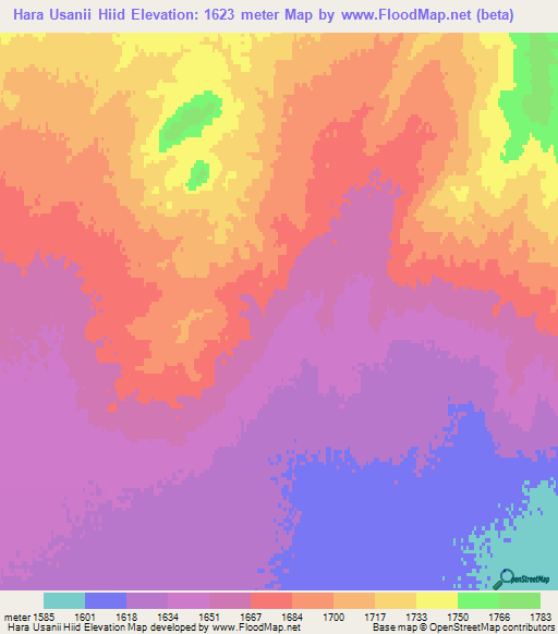 Hara Usanii Hiid,Mongolia Elevation Map