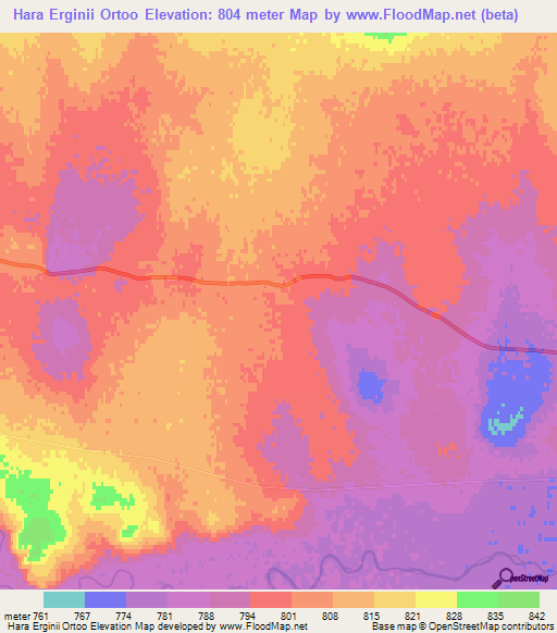 Hara Erginii Ortoo,Mongolia Elevation Map