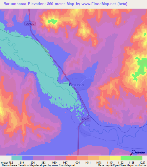 Baruunharaa,Mongolia Elevation Map