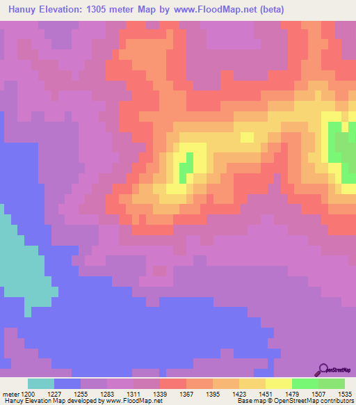 Hanuy,Mongolia Elevation Map