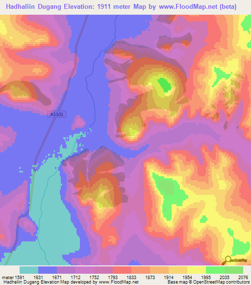 Hadhaliin Dugang,Mongolia Elevation Map