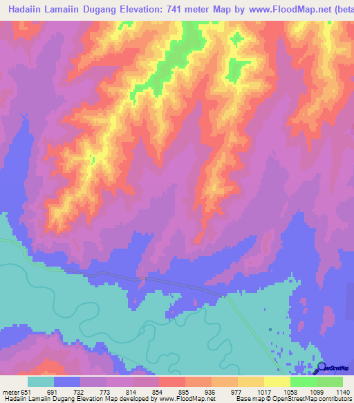 Hadaiin Lamaiin Dugang,Mongolia Elevation Map