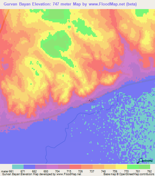 Gurvan Bayan,Mongolia Elevation Map