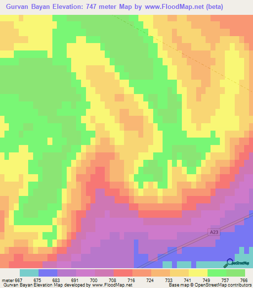 Gurvan Bayan,Mongolia Elevation Map