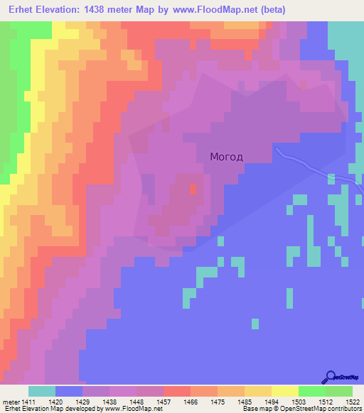 Erhet,Mongolia Elevation Map