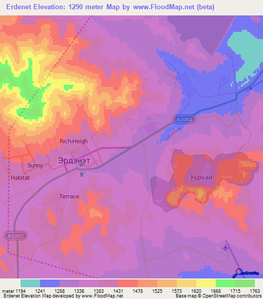 Erdenet,Mongolia Elevation Map