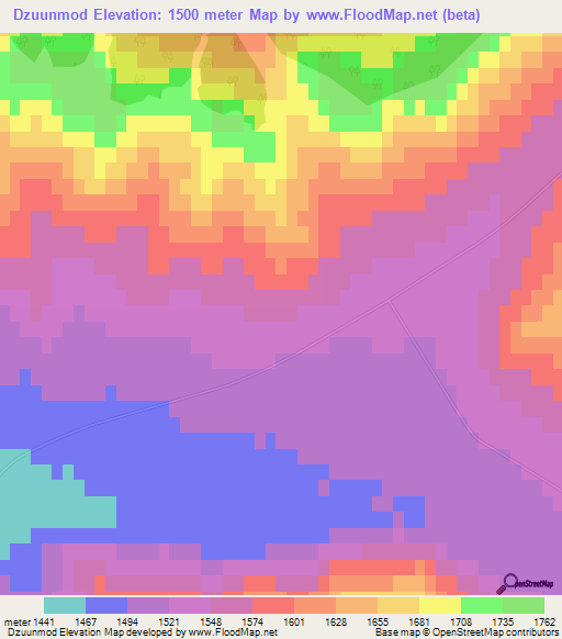 Dzuunmod,Mongolia Elevation Map