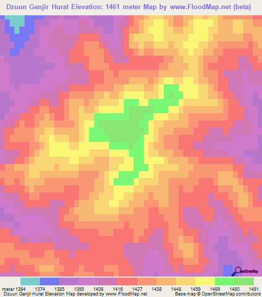 Dzuun Ganjir Hural,Mongolia Elevation Map