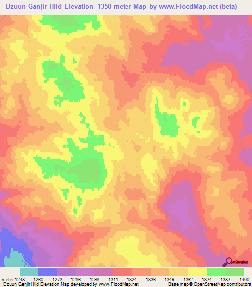Dzuun Ganjir Hiid,Mongolia Elevation Map