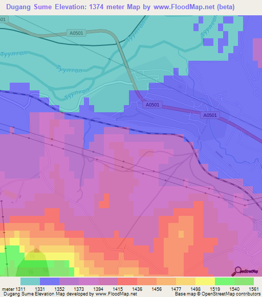 Dugang Sume,Mongolia Elevation Map