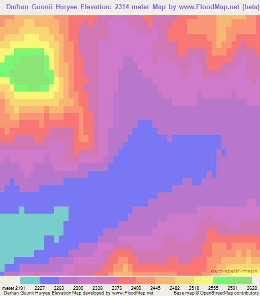 Darhan Guunii Huryee,Mongolia Elevation Map