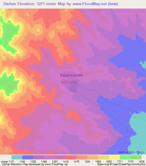 Darhan,Mongolia Elevation Map