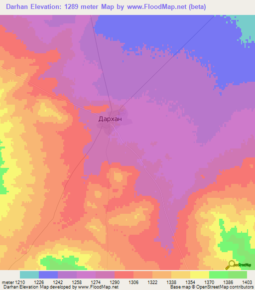 Darhan,Mongolia Elevation Map