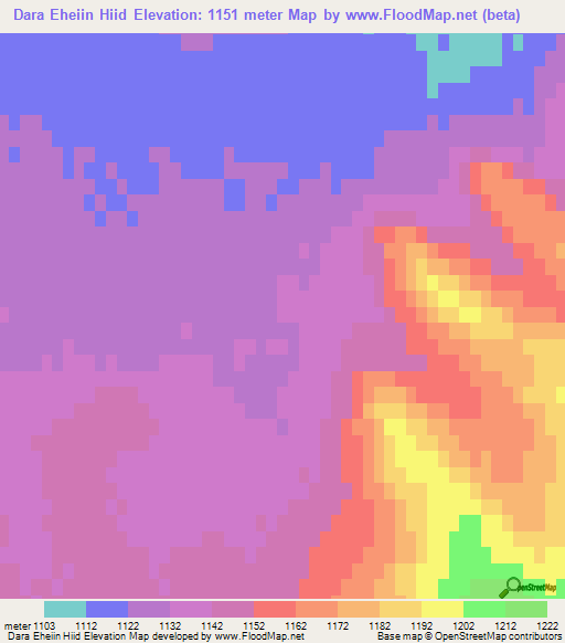 Dara Eheiin Hiid,Mongolia Elevation Map