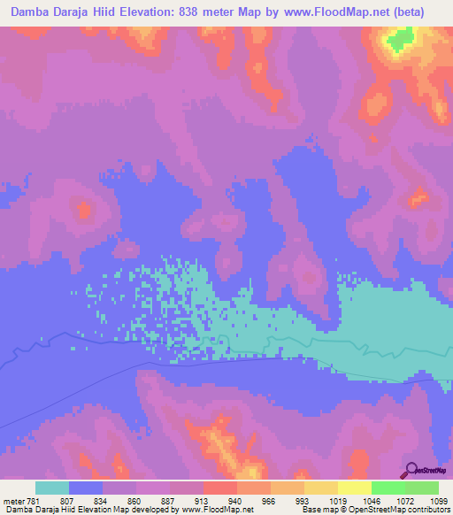 Damba Daraja Hiid,Mongolia Elevation Map