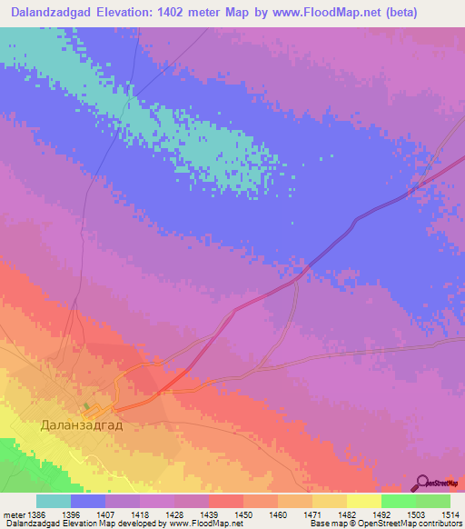 Dalandzadgad,Mongolia Elevation Map