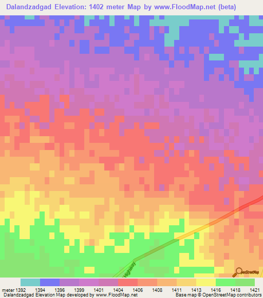 Dalandzadgad,Mongolia Elevation Map