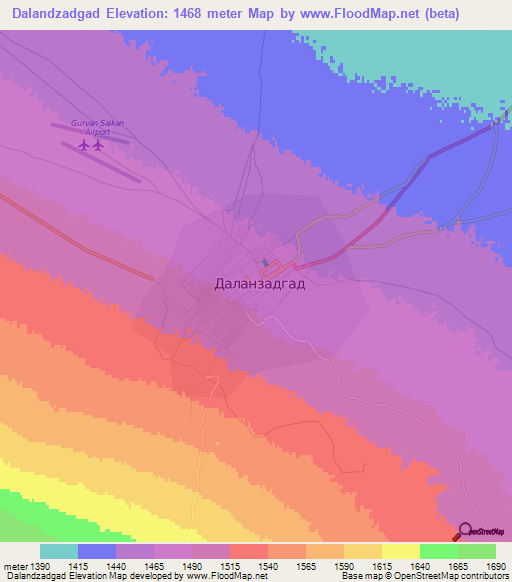 Dalandzadgad,Mongolia Elevation Map
