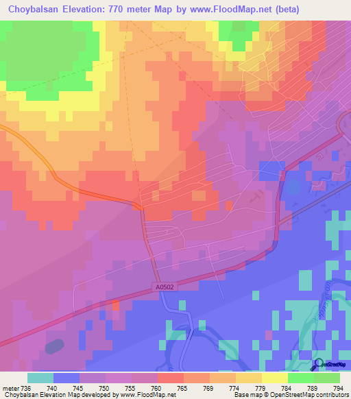 Choybalsan,Mongolia Elevation Map