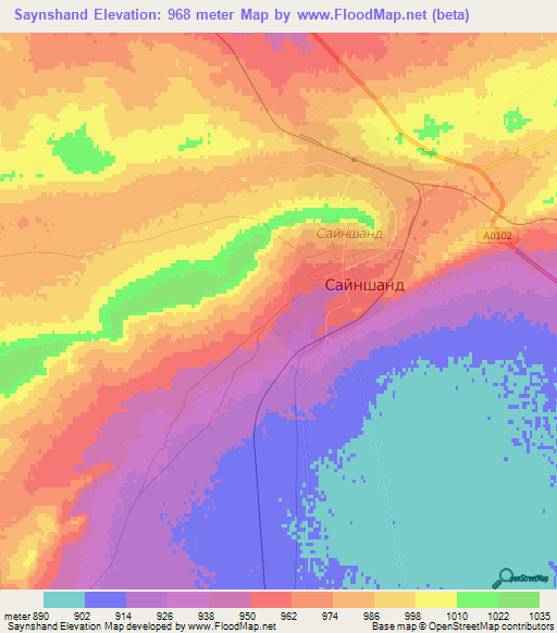Saynshand,Mongolia Elevation Map