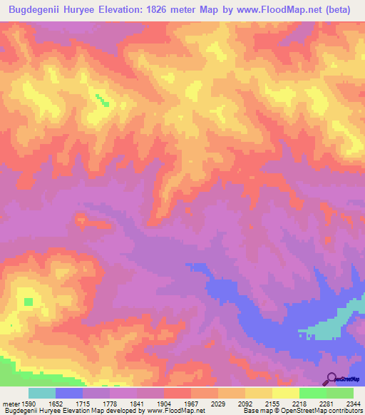 Bugdegenii Huryee,Mongolia Elevation Map