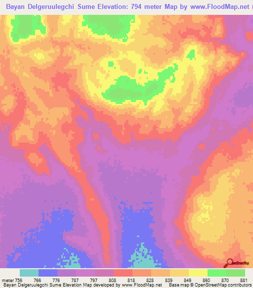 Bayan Delgeruulegchi Sume,Mongolia Elevation Map