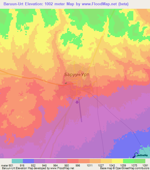 Baruun-Urt,Mongolia Elevation Map