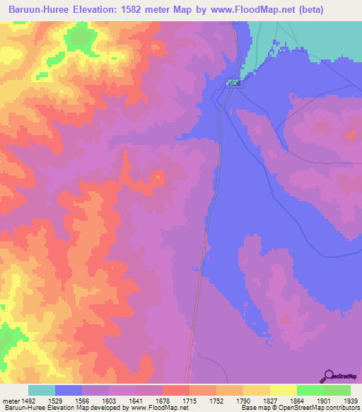 Baruun-Huree,Mongolia Elevation Map
