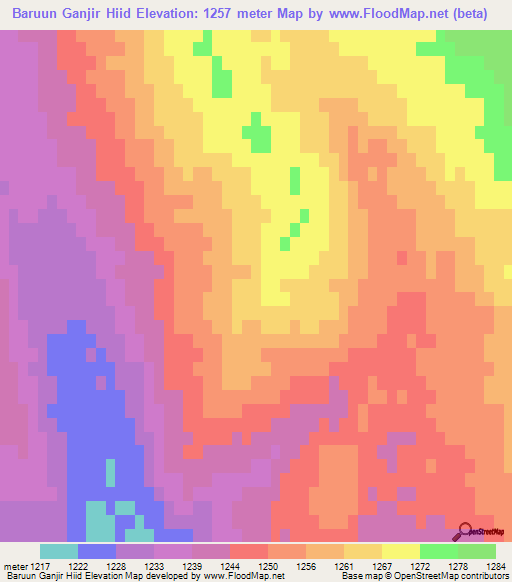 Baruun Ganjir Hiid,Mongolia Elevation Map