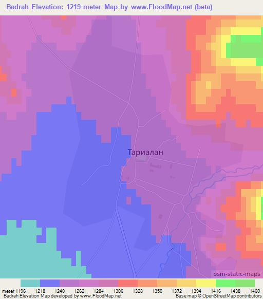 Badrah,Mongolia Elevation Map