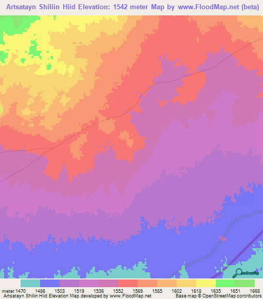 Artsatayn Shiliin Hiid,Mongolia Elevation Map