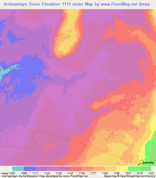 Arshaantayn Sume,Mongolia Elevation Map