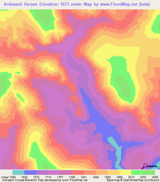 Arshaanii Huryee,Mongolia Elevation Map
