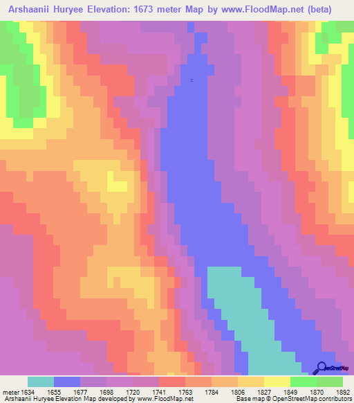 Arshaanii Huryee,Mongolia Elevation Map