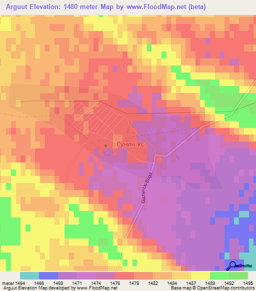 Arguut,Mongolia Elevation Map