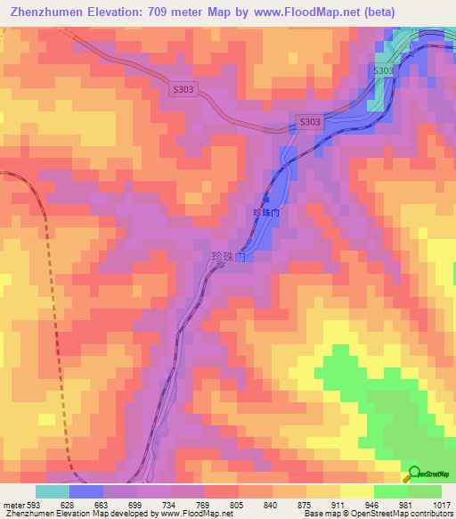Zhenzhumen,China Elevation Map